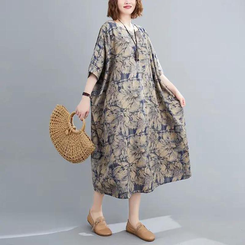 

WTEMPO Женское платье больших размеров, летнее длинное платье с рукавами 3/4 и круглым вырезом, повседневное богемное длинное платье до середины икры One Size темно-синий