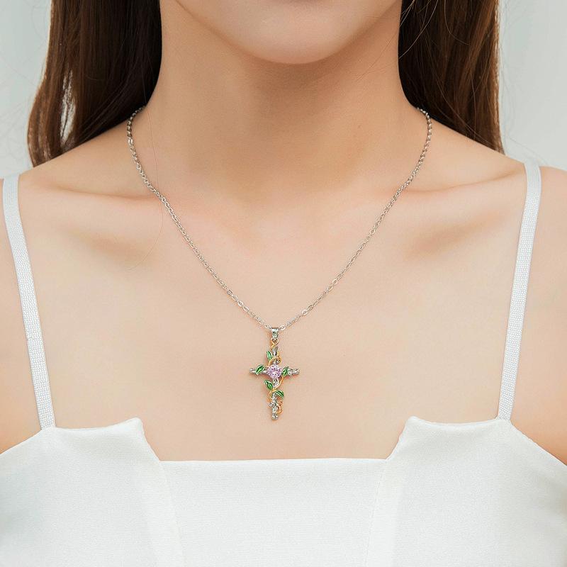 New Necklace Creative Leaf Wrapped Cross Pendant Charm Women's Diamond Clavicle Chain