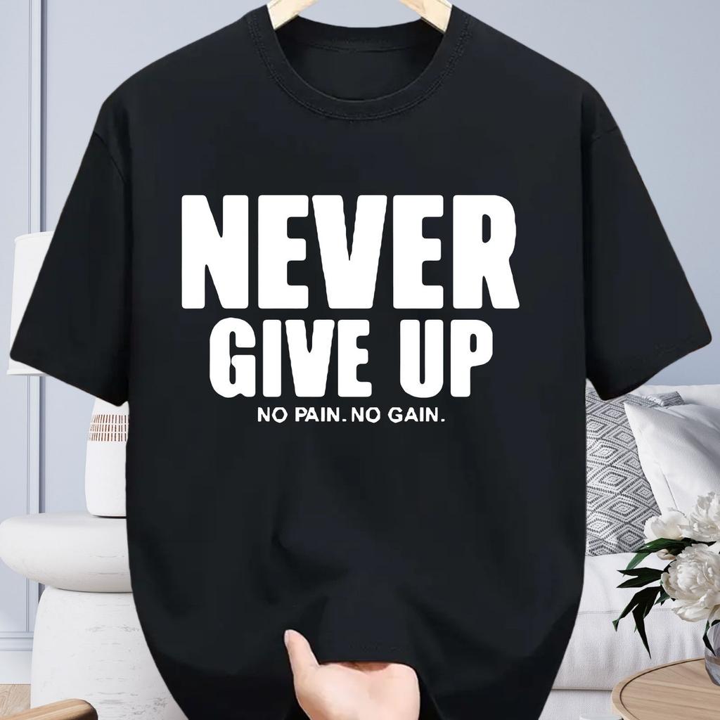 Mens Clothing for Spring and Summer Soft Cotton Never Give Up Printing Daily Fashion Wear Short Sleeved Round Neck Tshirt
