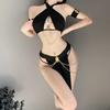 Egypt Queen Cat Cosplay Costumes Black Halter Hollow Top with Long Skirt Golden Chain Set Women Sexy Lingerie Erotic Costume