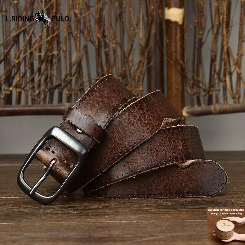 Fashion Retro Distressed Wrinkled Leather Belt for Men and Women Genuine Leather First Layer Cowhide Casual Jeans Belt