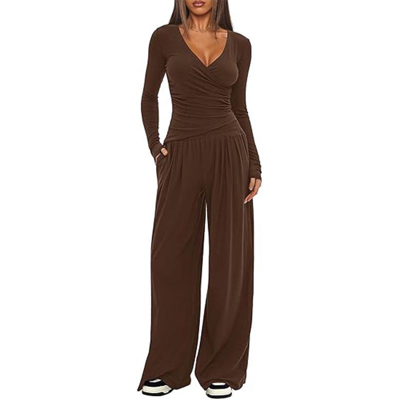 Solid Color V-Neck Knit 2-Piece Set: Long Sleeve Top & Wide Leg Pants