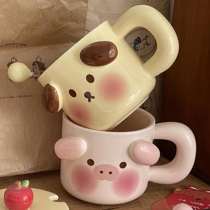 Mark Cup Cute Cartoon with Cover Spoon Couple Ceramic Men and Women Creativity Gift Birthday Hand Gift Boxed Water Cup 400ml 1Pc