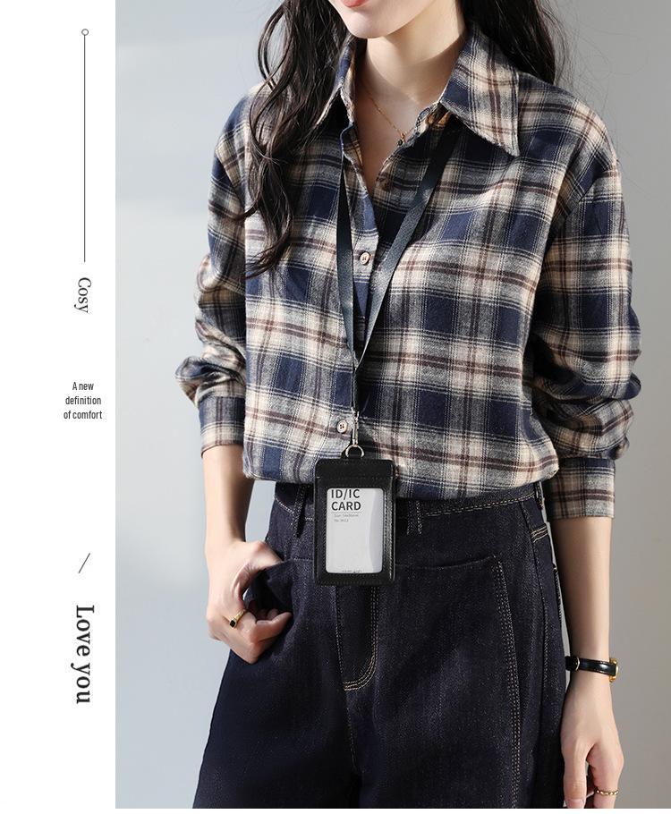 Women's Dark Blue Retro Plaid Shirt Jacket - Autumn/Winter 2025 New Korean Style Long Sleeve Top