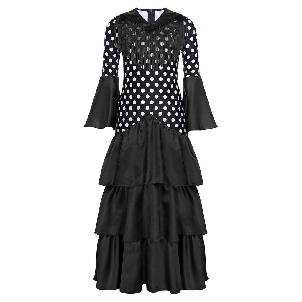Girls Spanish Flamenco Dress Polka Dot Print Tiered Ruffles V Neck Dancewear