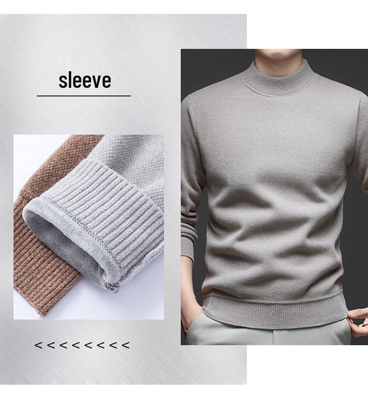 Men's Fleece-Lined Half-High Neck Sweater: Warm, Thick, Knitted Pullover for Autumn & Winter.
