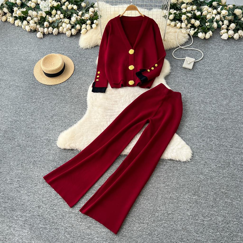 Autumn Winter Women Casual Knitted Sweater Trouser Two Piece Set Big Gold Button Single Breasted Jacket Tops and Elastic Waist Pant Tracksuit