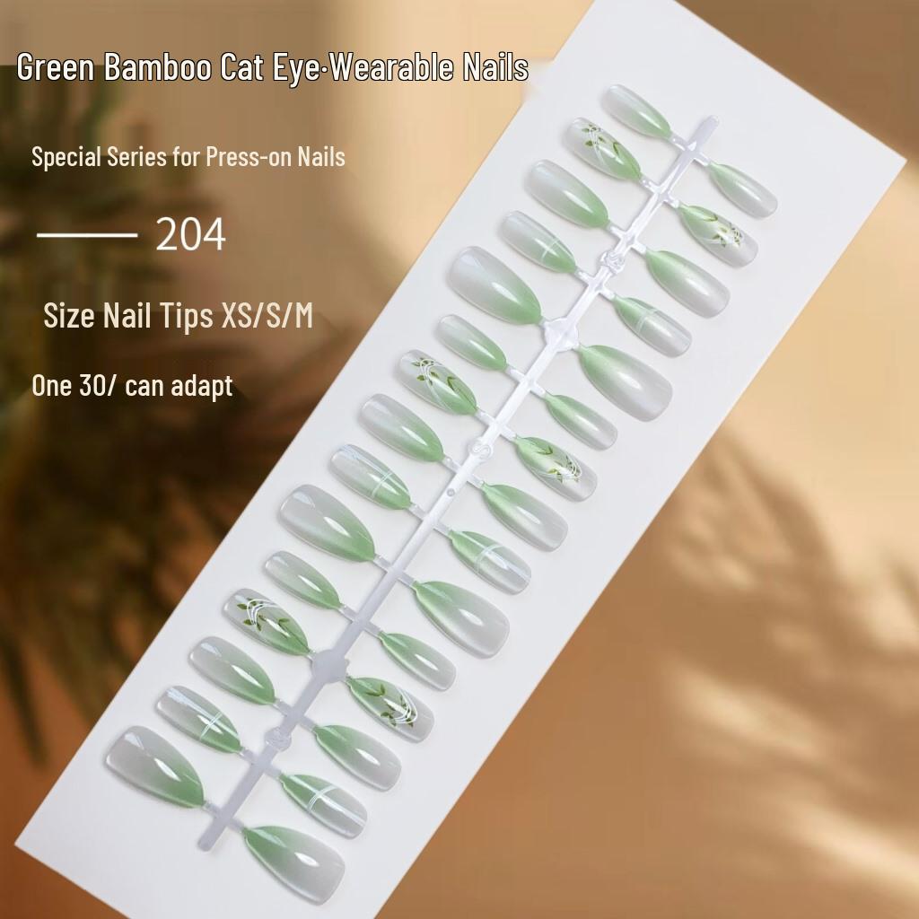 

Spring Green Bamboo Cat Eye Removable Fake Nails - Fresh, Fair, Wearable Nail Art