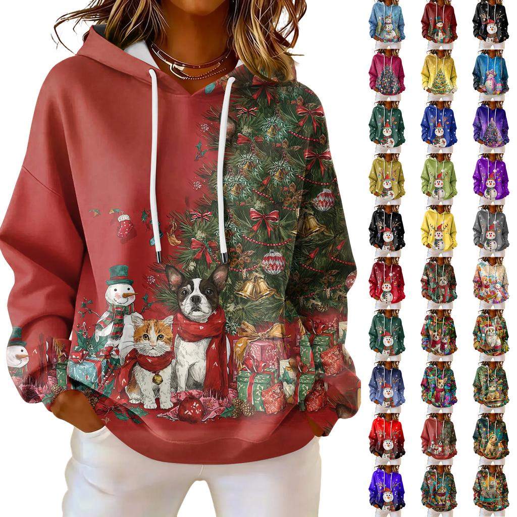 Women's Loose Comfortable Casual Fashion V-Neck Christmas Print Long Sleeve Hoodie