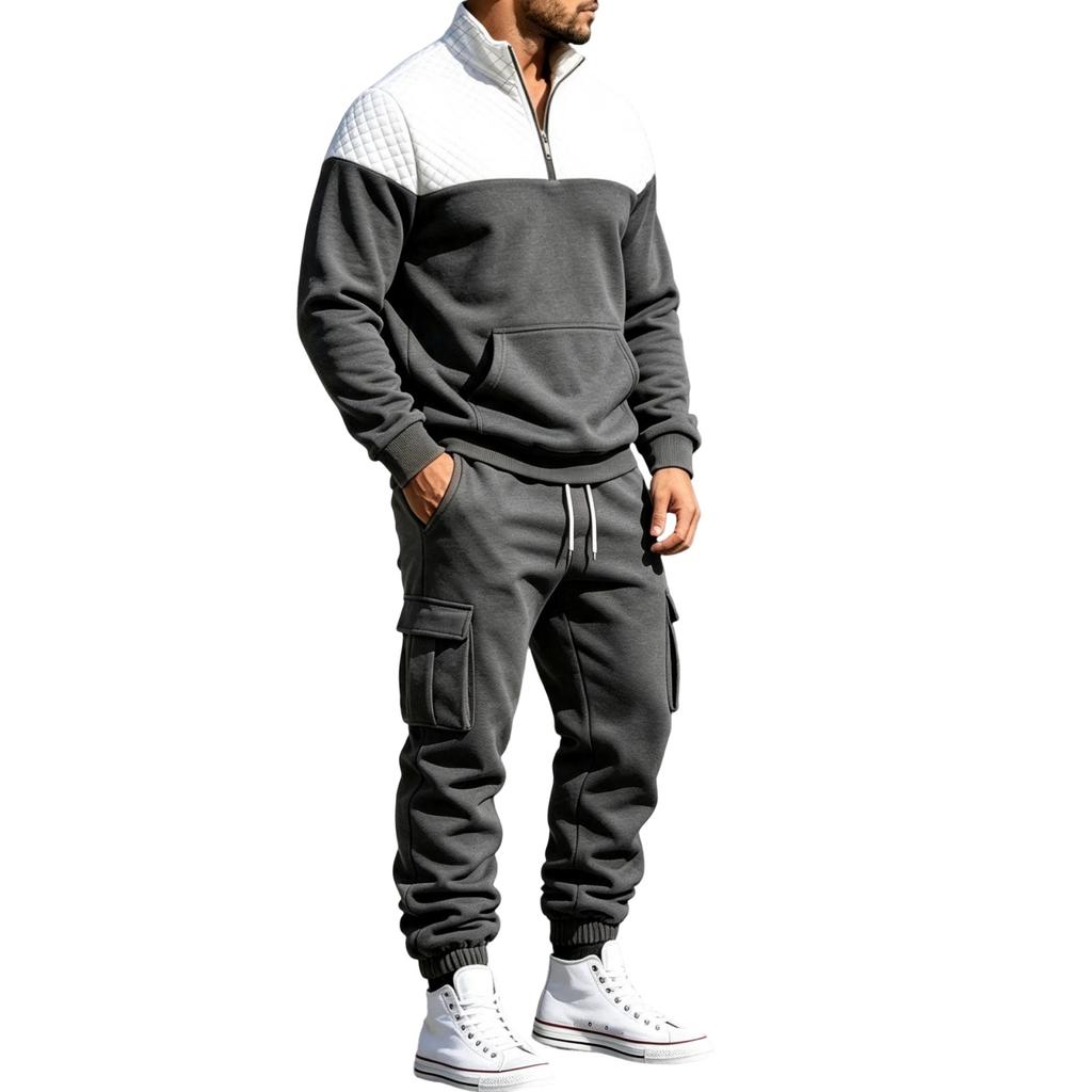 Men's Winter Hoodie and Sweatpants Set - Loose Fit Color Stand Collar Casual Tracksuit for Everyday Wear