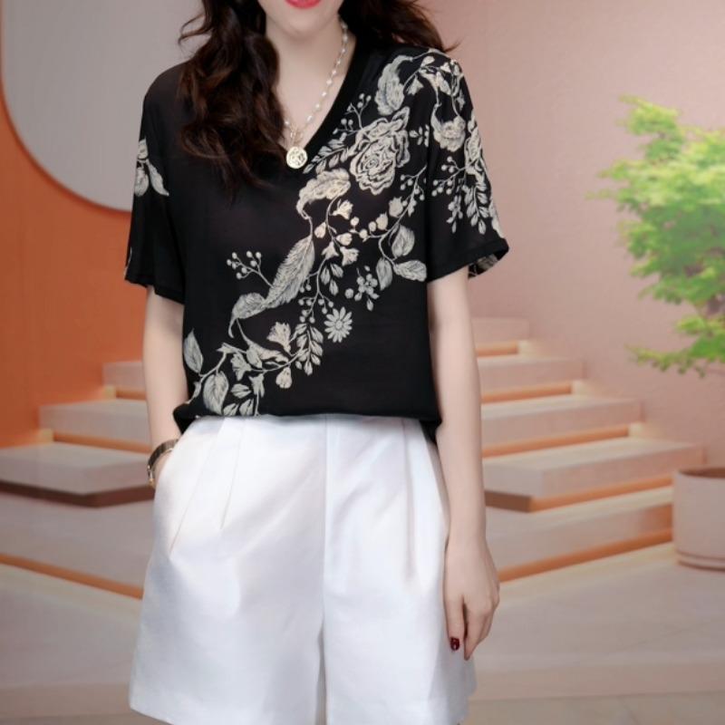 Women Clothing Summer Fashion Vintage Elegant Floral Print Ice Silk T Shirt Ladies Casual V Neck Short Sleeve Loose Basic Tops