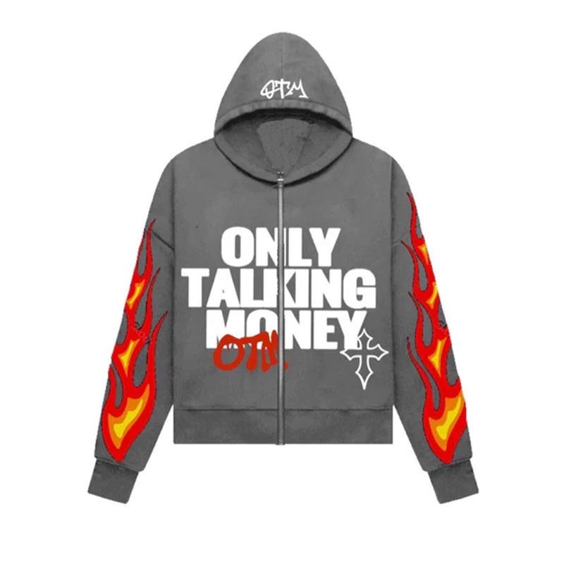 

Autumn Flame 3D Letter Print Hooded Zipper Sweatshirt Jacket, Unisex XL