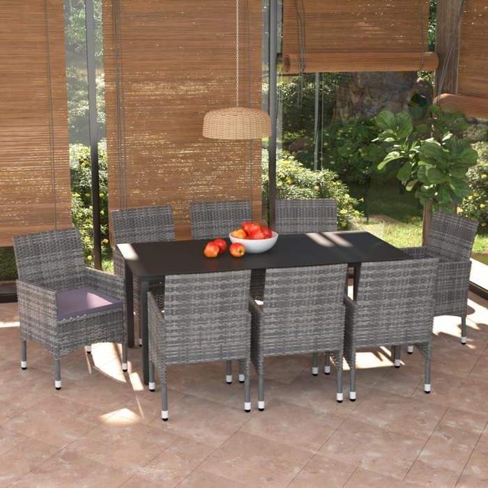 Exclusive House - Garden Dining Set and Cushions 9 Pcs Poly Rattan Grey