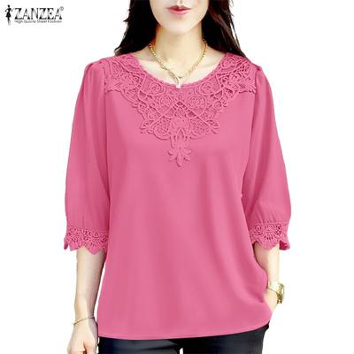Women Crochet Patchwork Round Neck Casual Half Sleeve Blouse