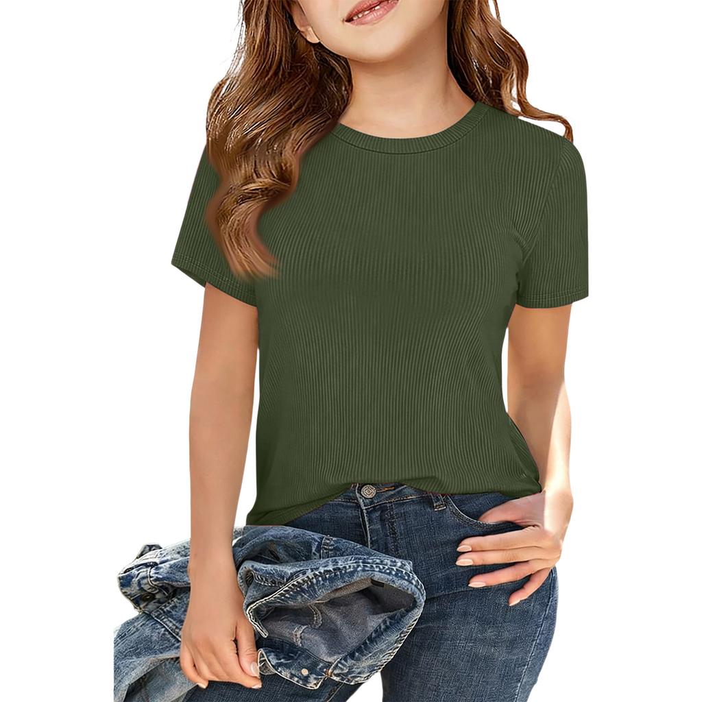 Geripptes Mädchen-T-Shirt, Kurzarm Rundhals Freizeit-Top