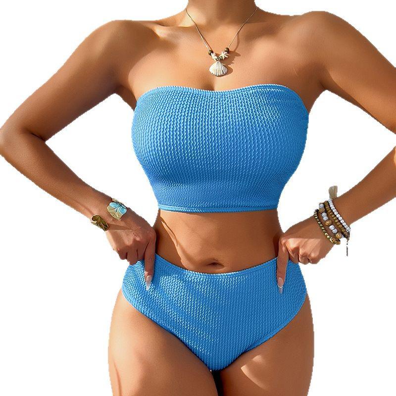 2025 Solid Color High Waist Bandeau Bodycon Bikini Set - European & American Style
