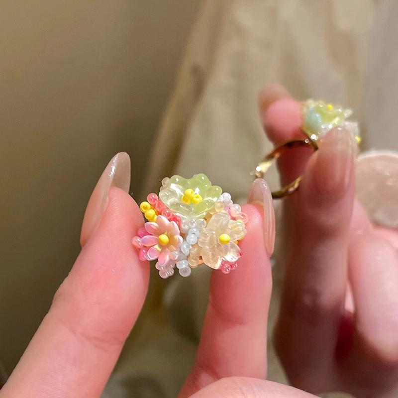 Colorful Beaded Flower Rings For Women Girls Korean  Sweet Large Flower Finger Rings Jewelry Aesthetic Y2K Accessories