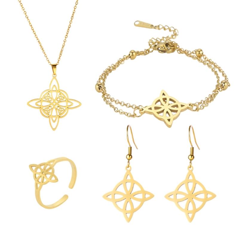 Pulseras de Acero Inoxidable Sencillo Collar con Colgante Nudo Celta Pendientes Anillo Nudo de Bruja Joyería Regalo de Cumpleaños para Mujeres