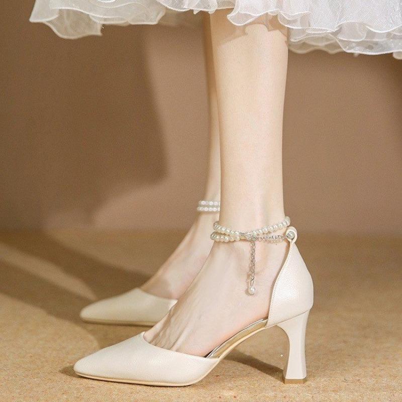 Fashion New White Ankle Pearl Strap Strappy Design Fashion High Heels Women Pumps Stiletto Sexy Dress Wedding Bridal Shoes Dress Shoes