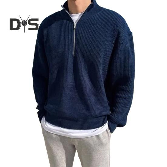

Мужской свитер осень-зима с застежкой-молнией и воротником-стойкой, эластичный трикотажный однотонный свитер свободного покроя с длинными рукавами, повседневный свитер для работы, школы и отдыха 3XL синий