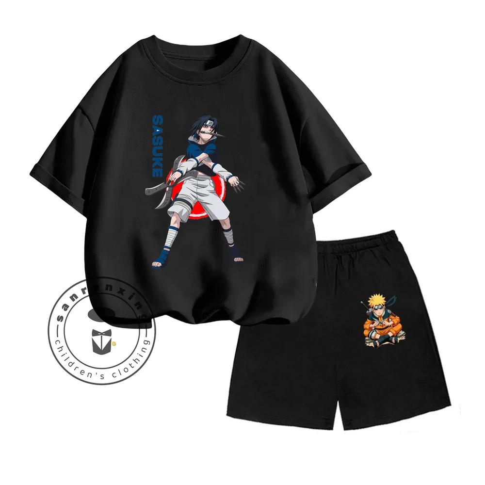 Unique NARUTO Animated Cartoon Character Vertical Print Design O-neck Skin-friendly Short Sleeve and Shorts Kids Two-piece Set
