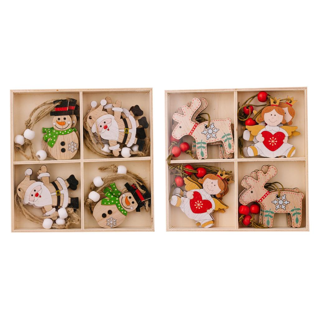Decorative Christmas Box Ornaments Crafted From Wood Featuring Snowman Reindeer Designs