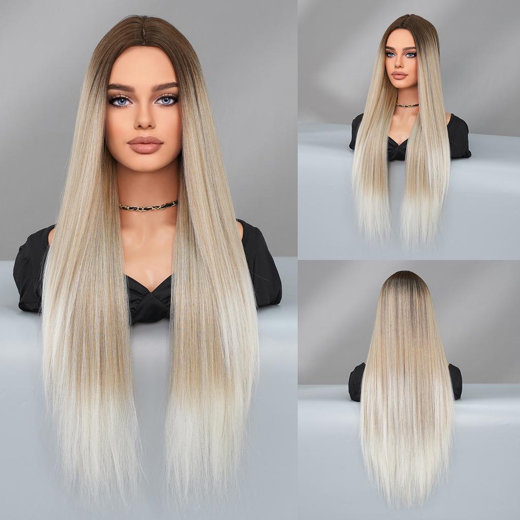 Women’s Extra Long Straight Blonde Wig Middle Part Nordic Ombre Color European and American Style Synthetic Full Wig