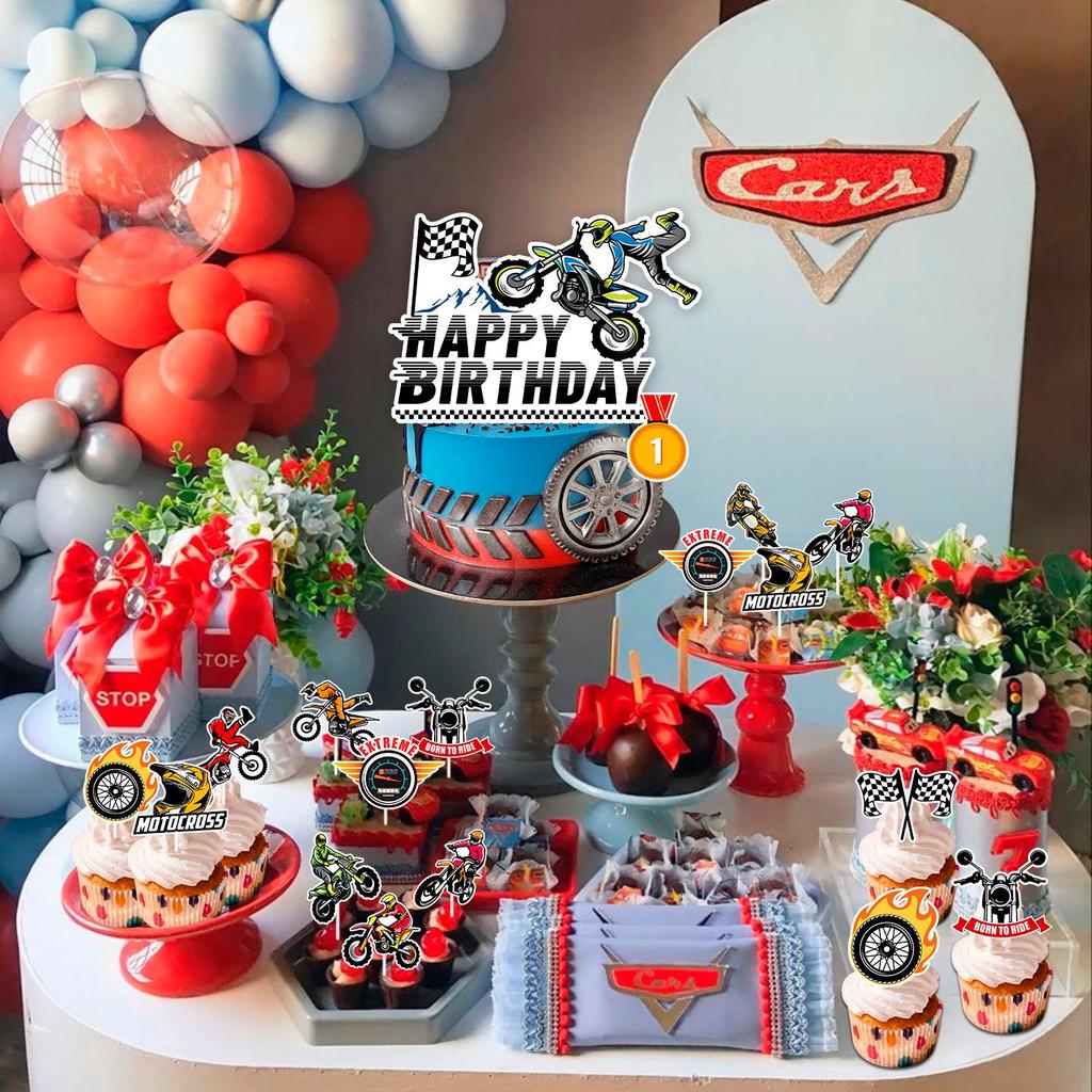 Topper per Torta di Motocicletta, 24 Pezzi Toppers per Cupcake Moto da Cross + 1 Pezzo Topper per Torta Moto da Cross Decorazioni per Torta di Compleanno Forniture per Feste di Compleanno