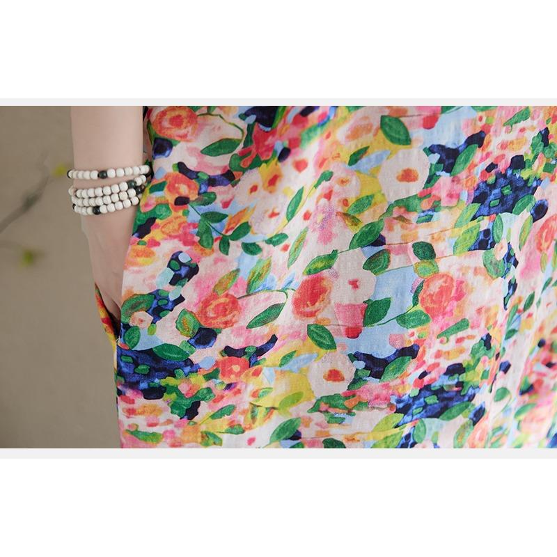 Dimanaf 2025 Women Plus Size Summer Dress Floral Casual Vintage Dress Basic V-Neck Loose Linen Long Dress Maxi