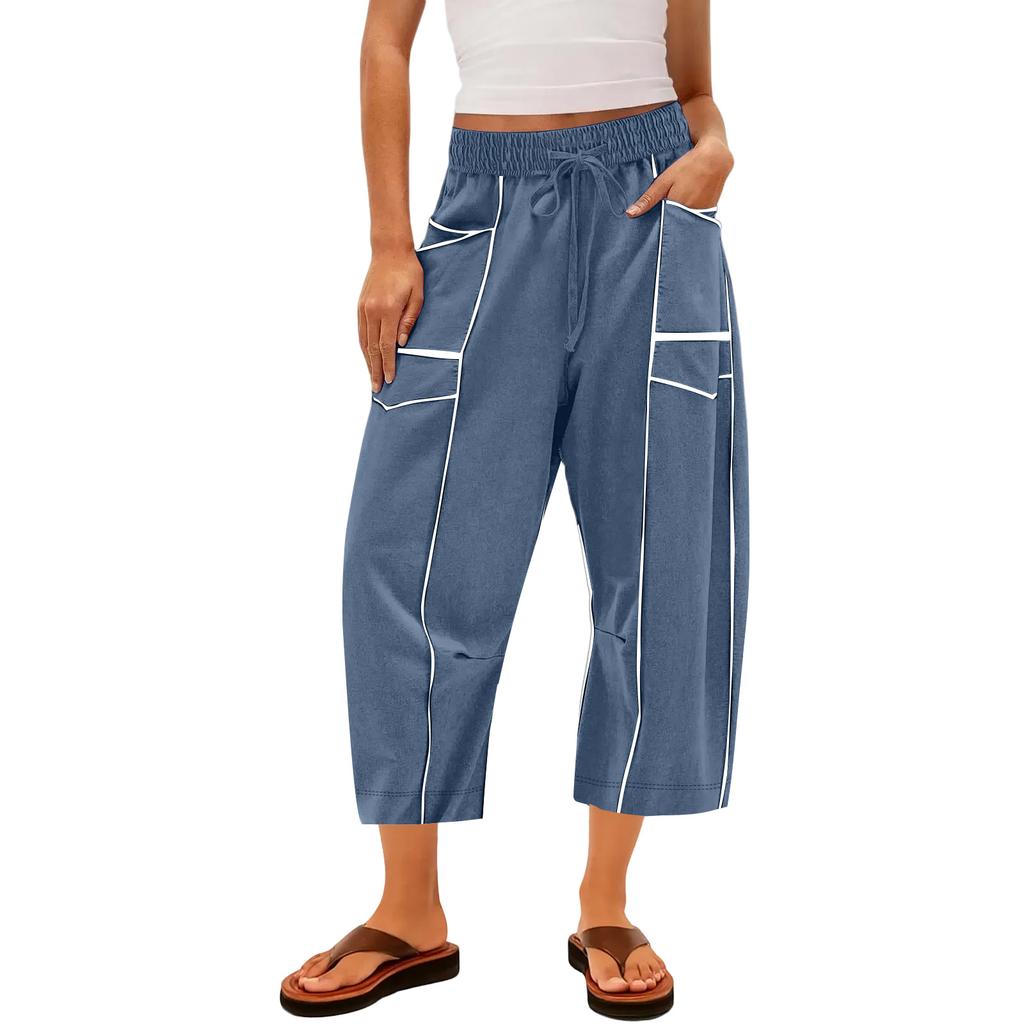 Ladies' Wide Leg Pants, High Waisted Straight Leg Pants, Spliced Pockets, Casual Cropped Pants