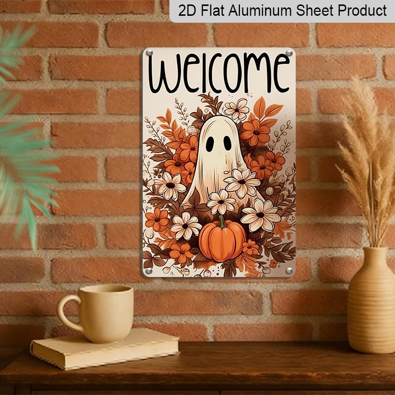 2D Flat Welcome Cute Ghost Floral Pumpkin Autumn Metal Sign - 8.0x12.0inch Aluminum Wall Art, Vintage Neutral Floral Halloween Front Porch Decor