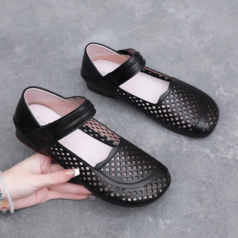 GKTINOO 2025 Summer Genuine Leather Hollow Shoes Woman Sandals Casual Mother Flat Soft Sole Comfortable Sandals Non-slip