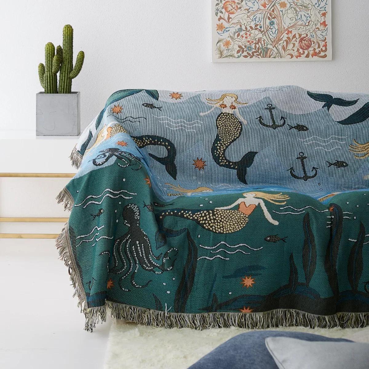 

Nordic Mermaid Sofa Blanket For Living Room Home Decor Cover Multifunction Throws Blanekt Knitted Bedspread Outdoor Picnic Mat 90x90cm