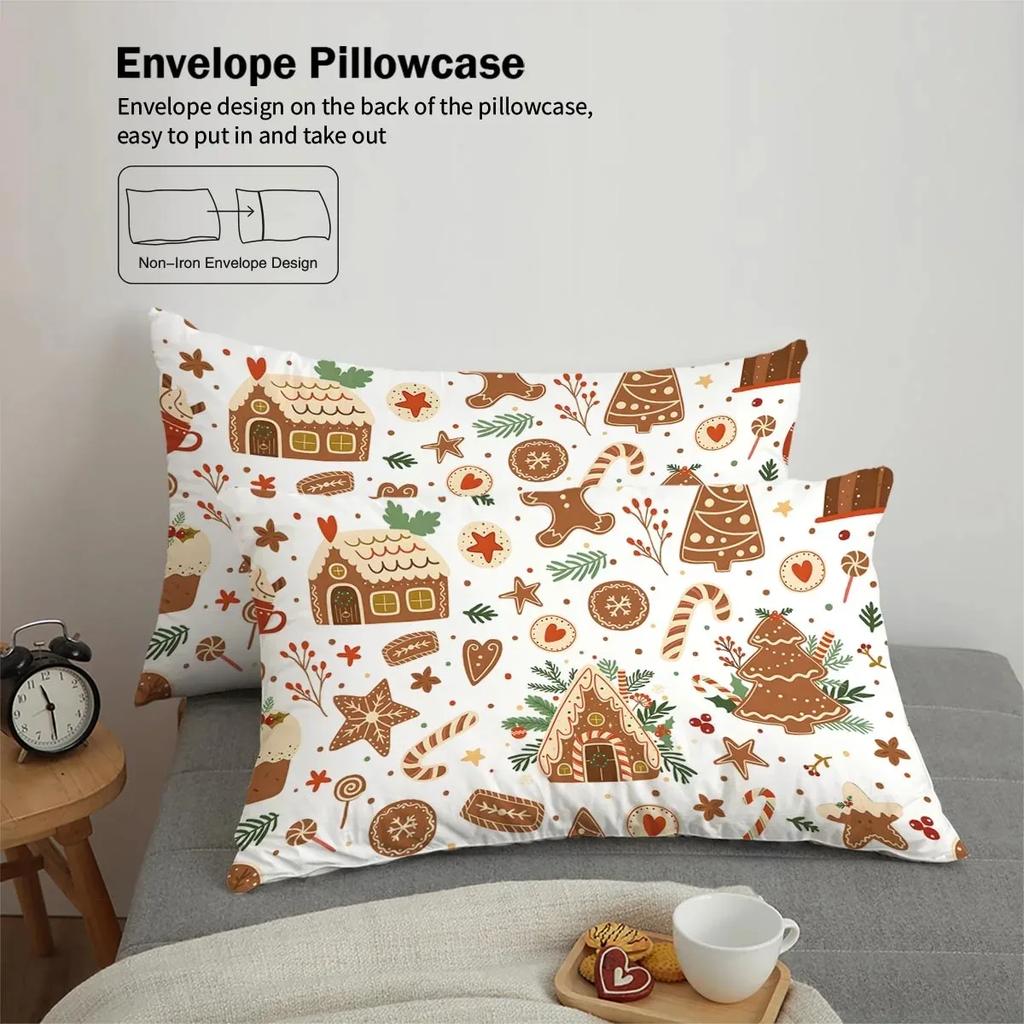Christmas Cottage Gingerbread Man Brown Print Quilt Cover with Pillowcases Skin-friendly Warm Soft Breathable Bedding Set