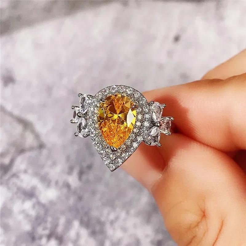 

New Bright Yellow Pear Shape Cubic Zirconia Rings for Women Luxury Wedding Party Accessories Novel Design Trendy Zircon 10