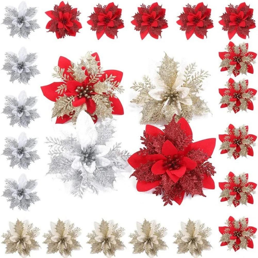 

12PCS Sequin Fake Flowers Glitter 3D Simulation Poinsettia Flower Wedding Party Decoration Silver Red 12cm