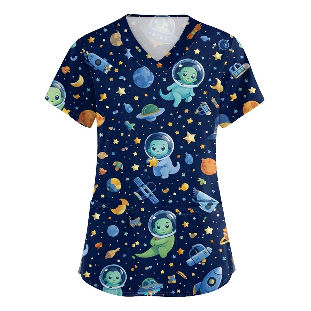 Women's Casual Short-Sleeve Cute Animal Print V-Neck Pocket Workwear Top