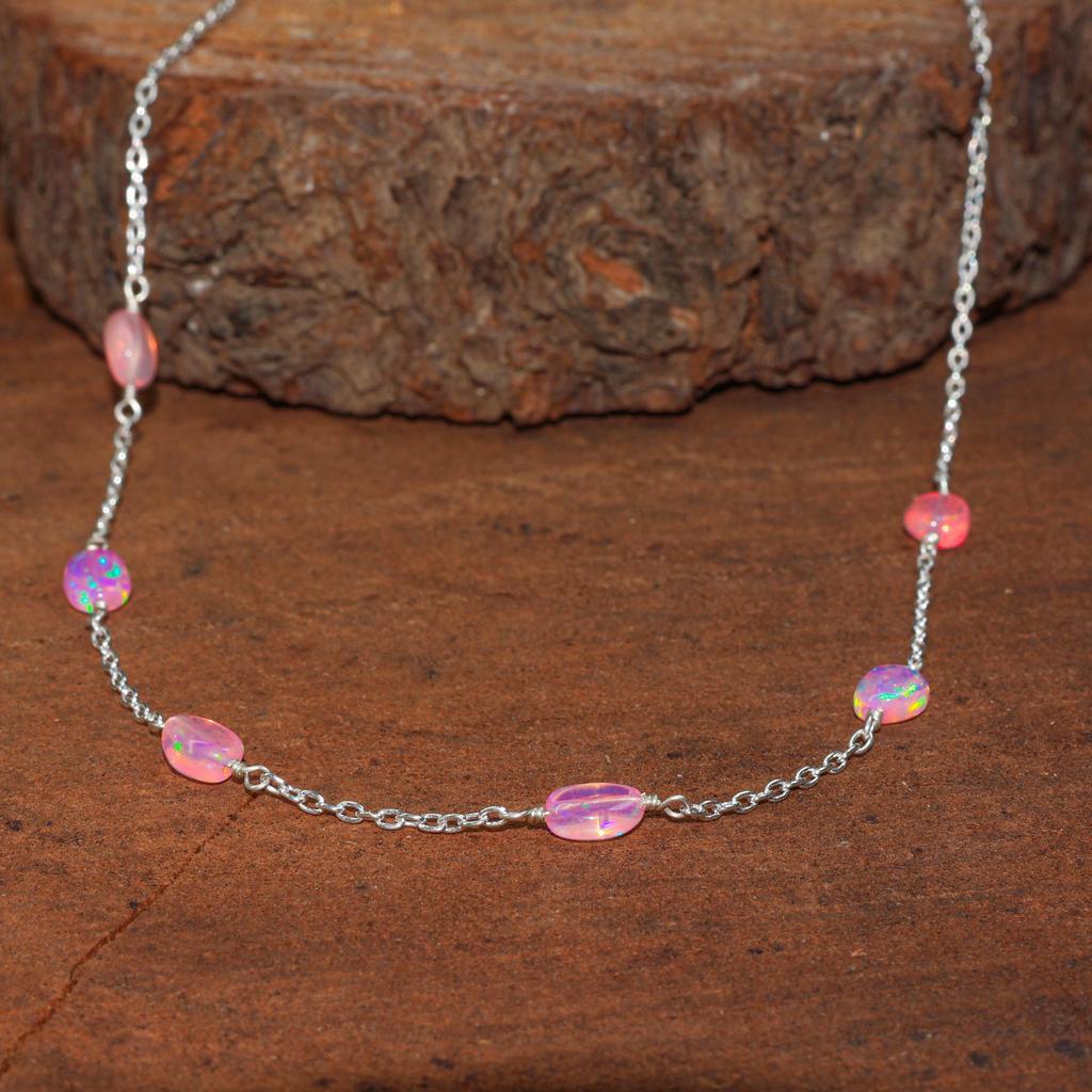 Pink Fire Opal Tumble Beads Chain Necklace, Fire Opal Gemstone Chain Necklace, Opal Handmade Jewelry for Women, Birthstone Gift for Mom