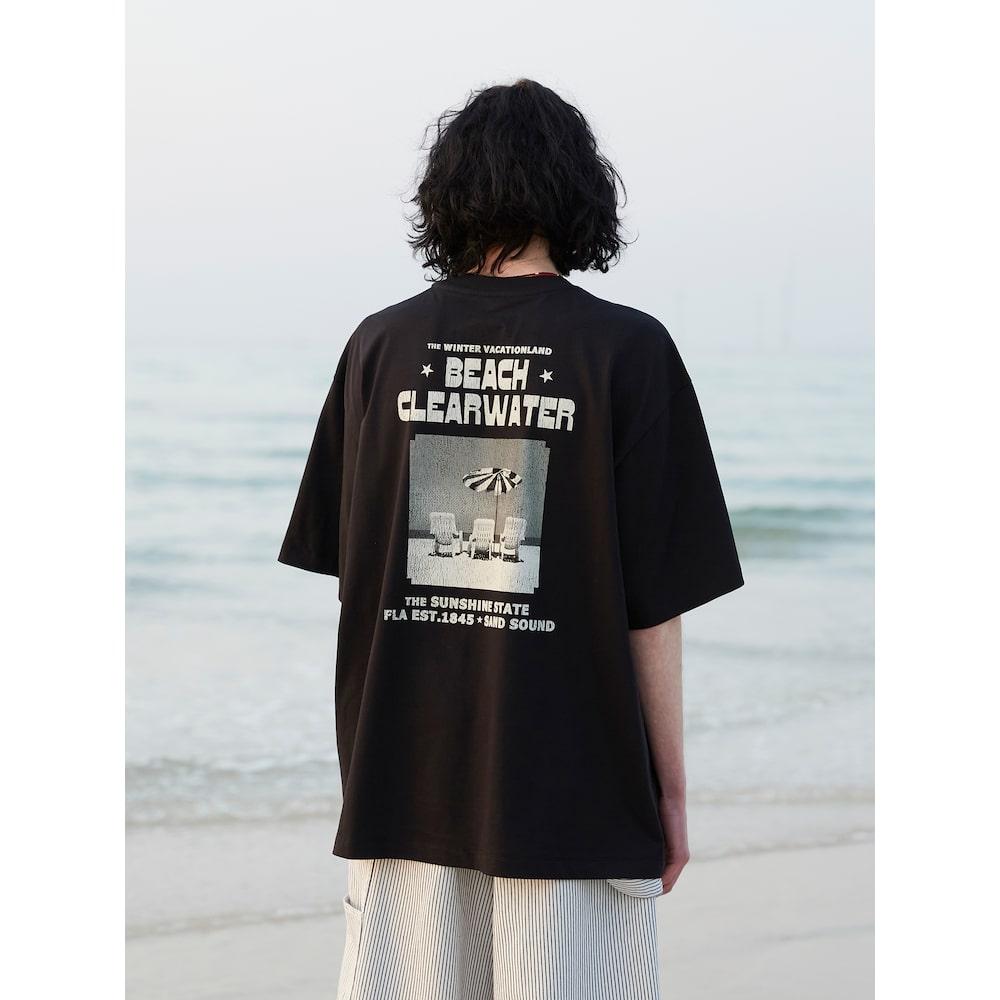Saendeusaundeu (Unisex) Beach Graphic Oversized Short Sleeve T-Shirt Black