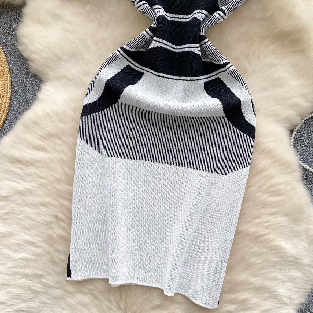 Summer Women French Senior Knitting Sweater Tank Dress Female O Neck Sleeveless High Elastic Slim Fit Sundress Patchwork Chic OL Mini Dress