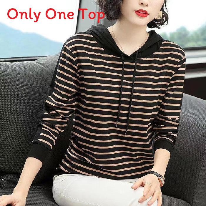 Mid Autumn Season Striped Hoodie T Shirt For Women With Patching And Loose Fit