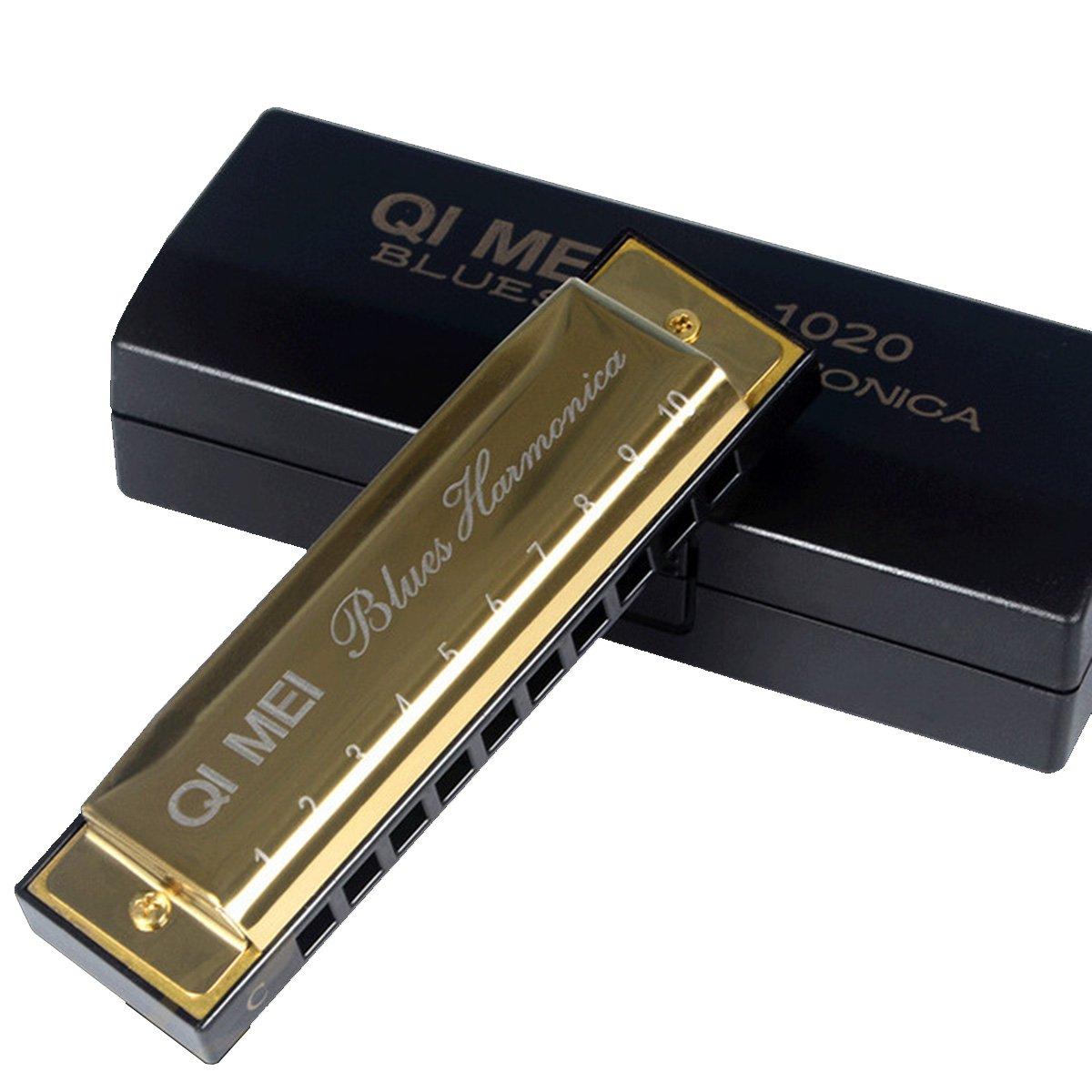 

QIMEI Blues Harmonica 10 24 28 отверстий из нержавеющей стали C Tone High Airtight Beginner Advanced Set Case (10 лунок, золото)