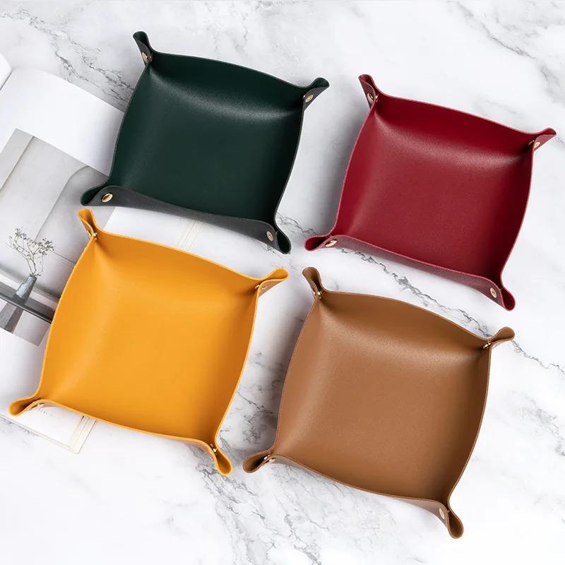1PC 20cm/7.87inch PU Leather Box Desktop Storage Tray Jewelry Cosmetic Key Stuff Storage Basket Folding Table Organizer Case