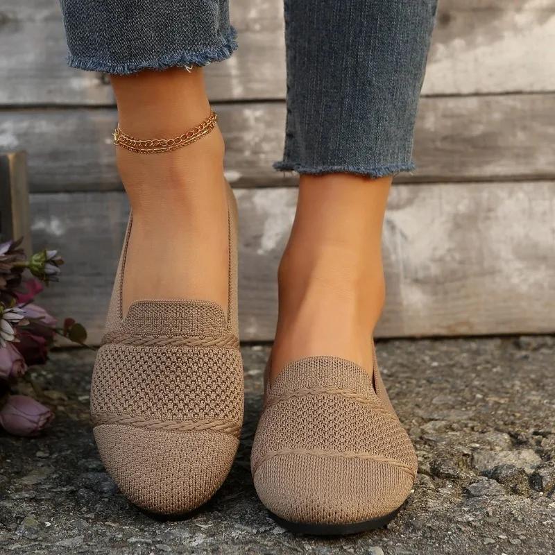Fashion New Solid Color Knitted Womens Casual Shoes Soft Sole Anti-Slip Flat Women's Shoes Fashion Slip-On Womens Round Toe Loafers
