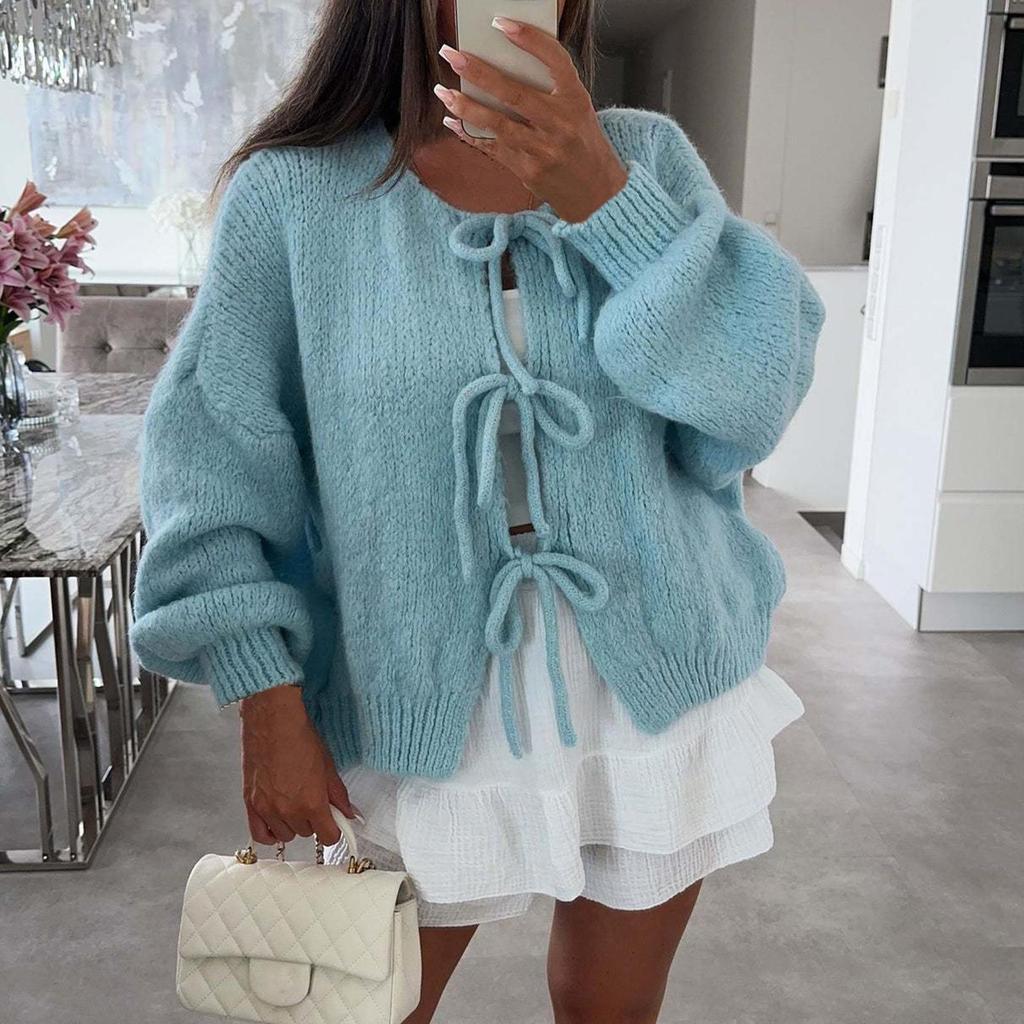 Damen-Strickjacke mit Rundhalsausschnitt, langen Ärmeln und Schnürung