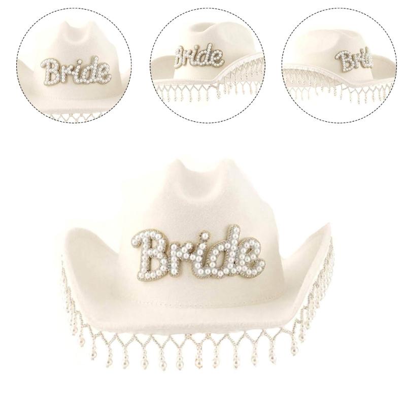 Fringed Pearl Bride Cowboy Hat for Female BrideToBe Bride Cowboy Hat Bachelorettes Party Headwear Wedding Celebration Hat