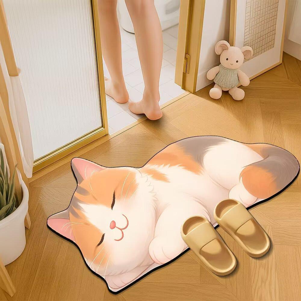 Cartoon Cat Bathroom Mat, Shower Room Water-absorbing and Wear-resistant Floor Mat, Room Dirt-resistant Door Mat