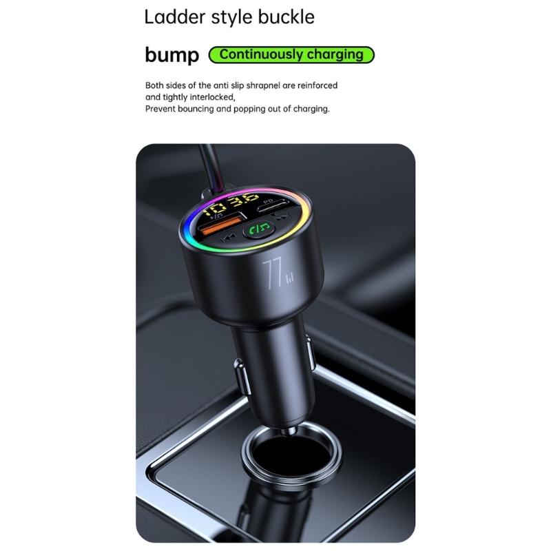 77W Bluetooth-compatible 5.4 FM Transmitter Car Adapter 65W+12W Fast Charging Car Adapter Call Sound LED Display