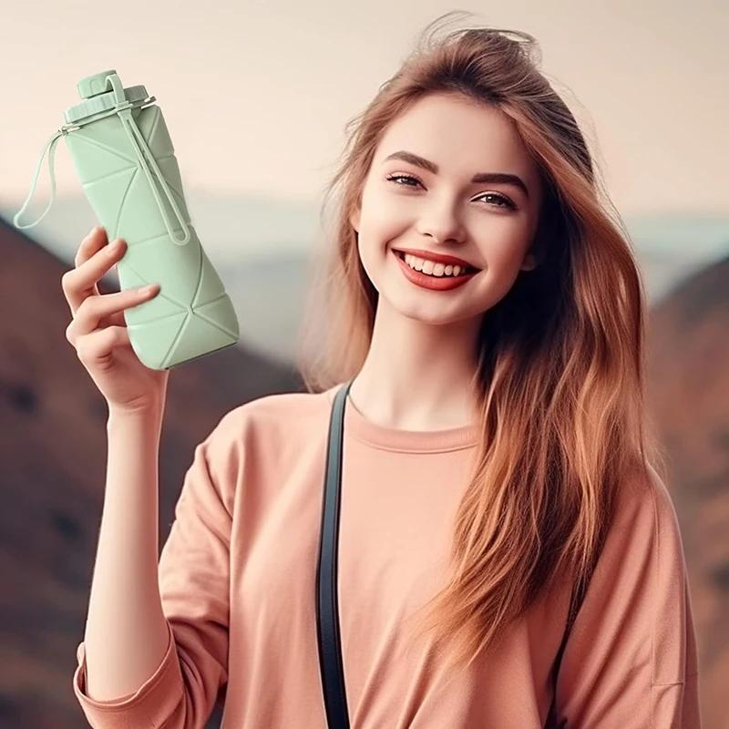600ML Silicone Folding Water Bottle Sport Camping Hiking Motivational Drinking Bottle Cycling Kettle Reusable Adult Portable