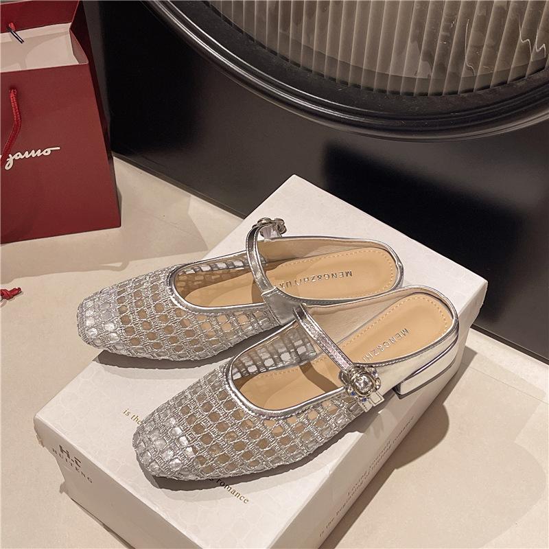 Square Head Thick Heel Single Shoes Women's 2025 New Summer Woven Breathable Hollow Mary Jane Sandals Middle Heel One-word Buckle